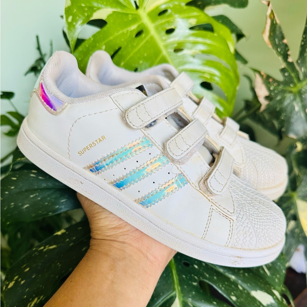 Adidas White Sneakers with Iridescent Stripes - Used 3.5 youth